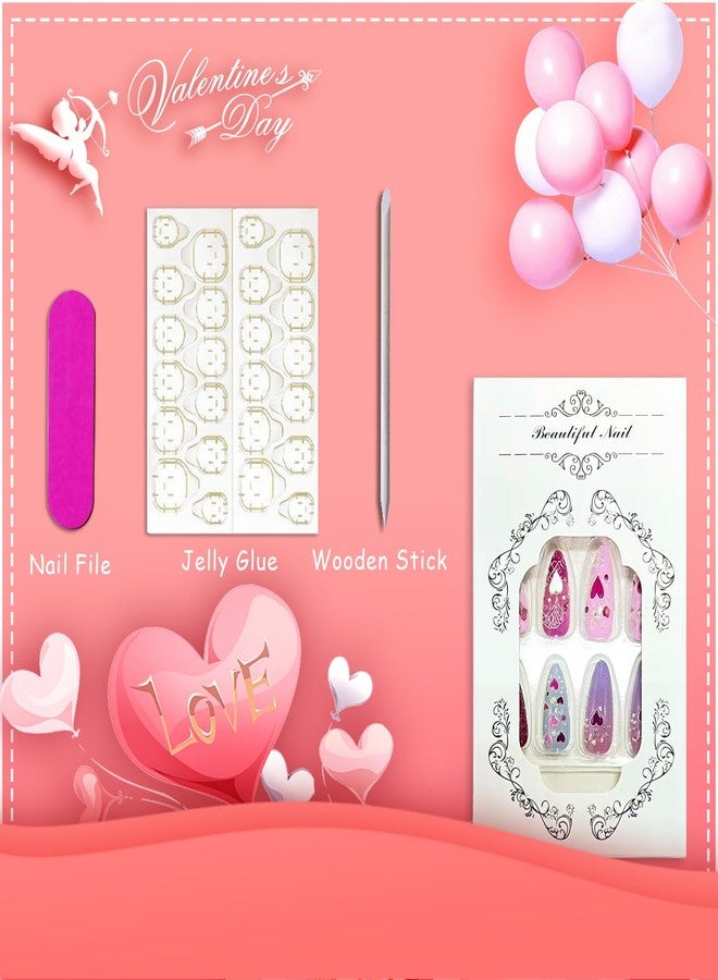 Vopintpy Romantic Valentines Press on Nails Pink Love Heart False Nails Gold Line Design Glue on Nail Glossy Medium Almond Valentines Stick on Nail for Women DIY Manicure - Image 5
